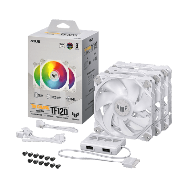 Asus TUF Gaming TF120 ARGB White – 120mm Cabinet Fan with ARGB Controller (Triple Pack)